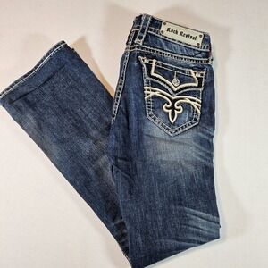 Rock Revival Jeans Kelly Boot 28 Thick Stitch Whiskering Embroidered Pockets